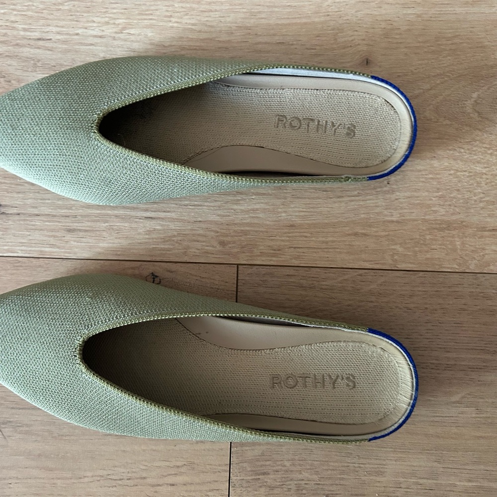 Rothy's Sage Green Pointed-Toe Slip-On Mules with Blue Trim